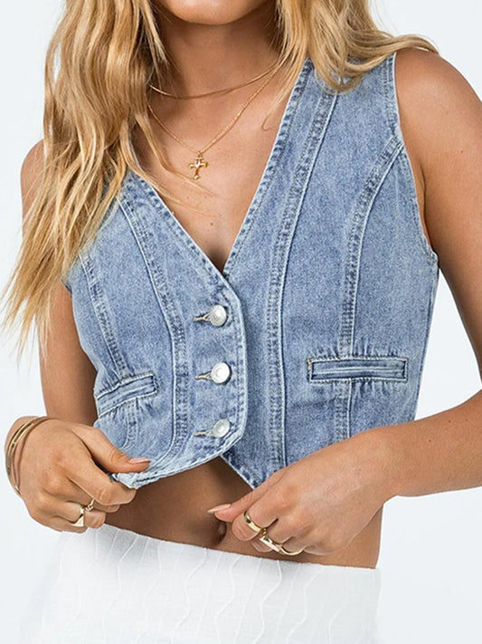 Button Up Sleeveless Denim Top