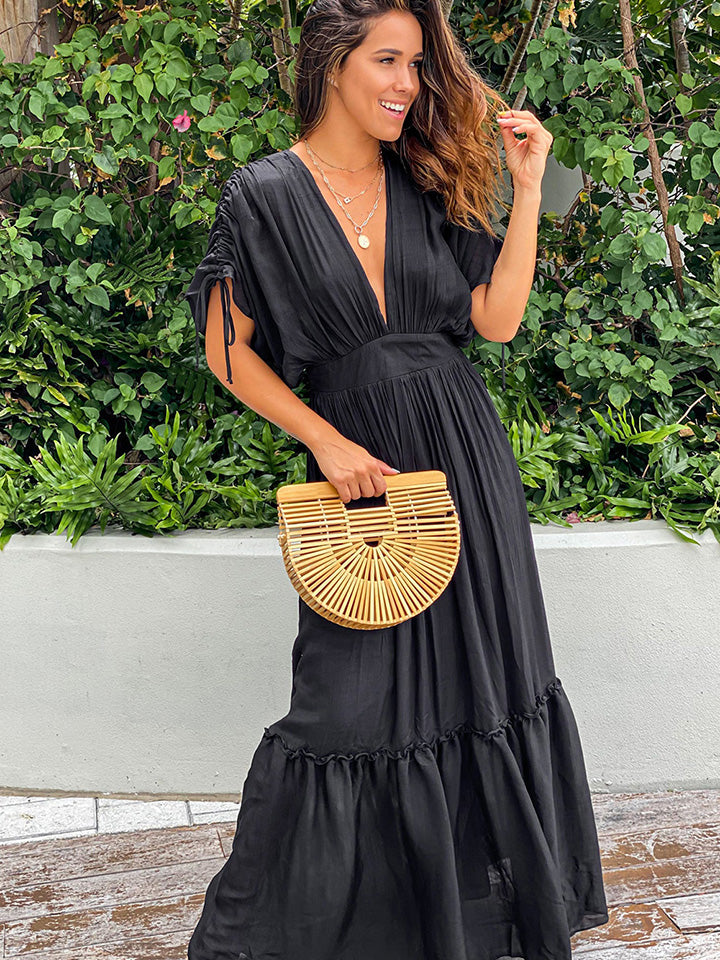 Plunge Neck Tie Sleeve Maxi Dress