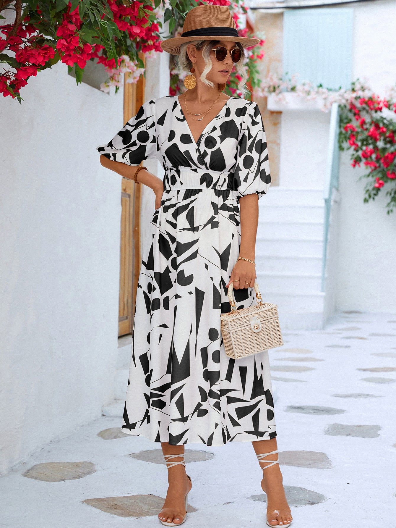 Printed Surplice Balloon Sleeve Dress