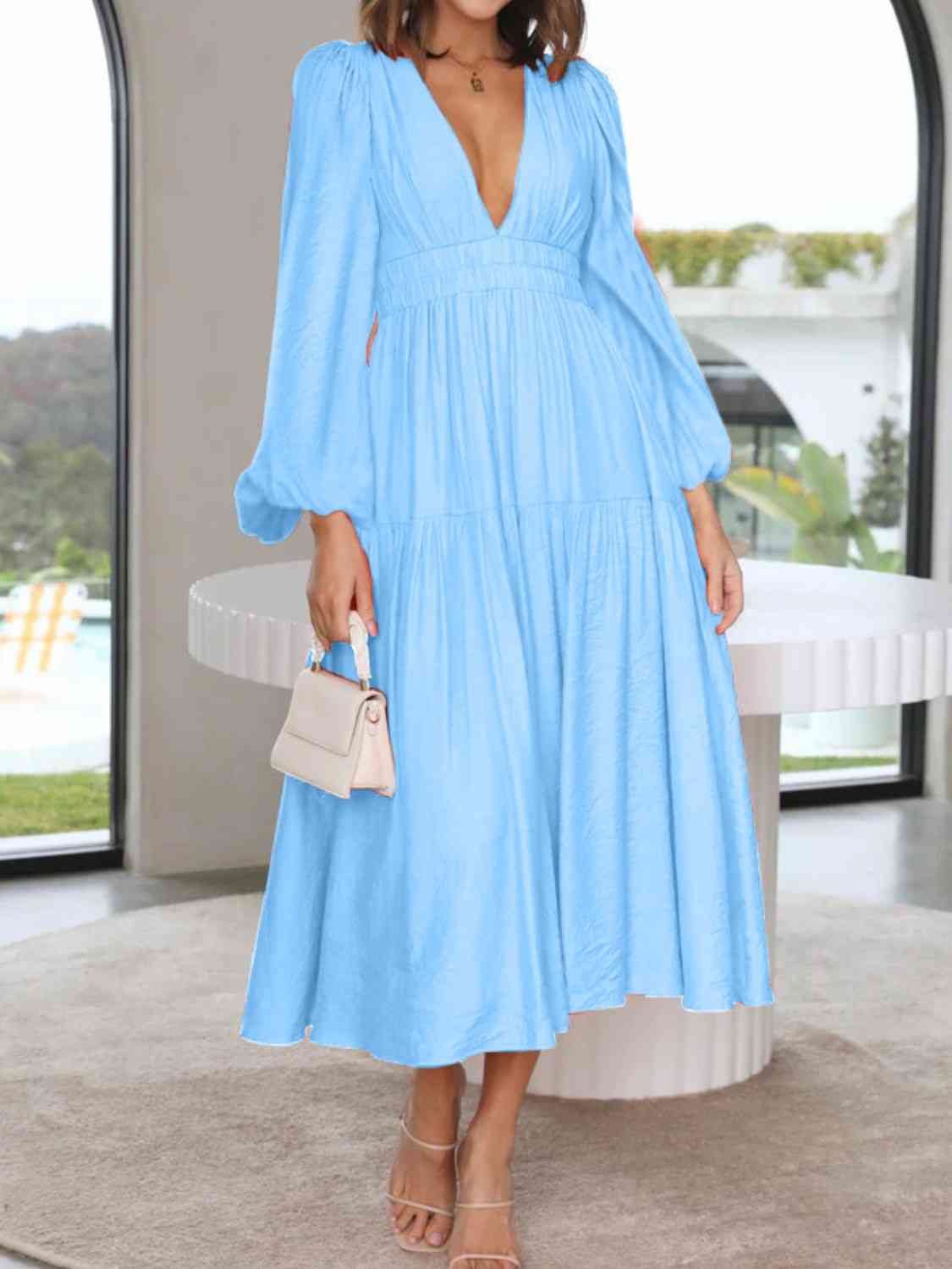 Deep V-Neck Balloon Sleeve Plain Maxi Dress