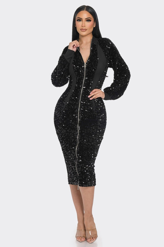 Midi 2 Way Zip Up Sequin Contrast Dress