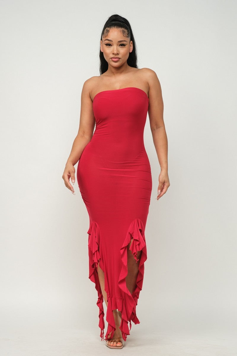 Solid Bottom Ruffle Trim Hem Slit Tube Maxi Dress