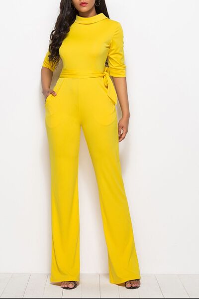 Mock Neck Tie-Waist Half Sleeve Jumpsuit