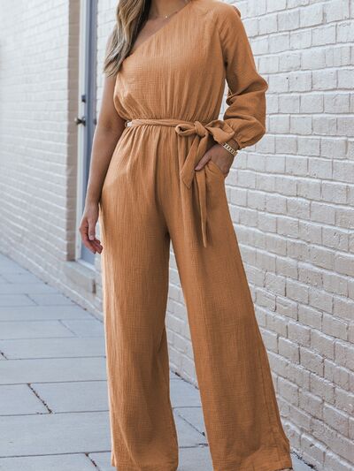 Texture Single Shoulder Tie-Waist Jumpsuit